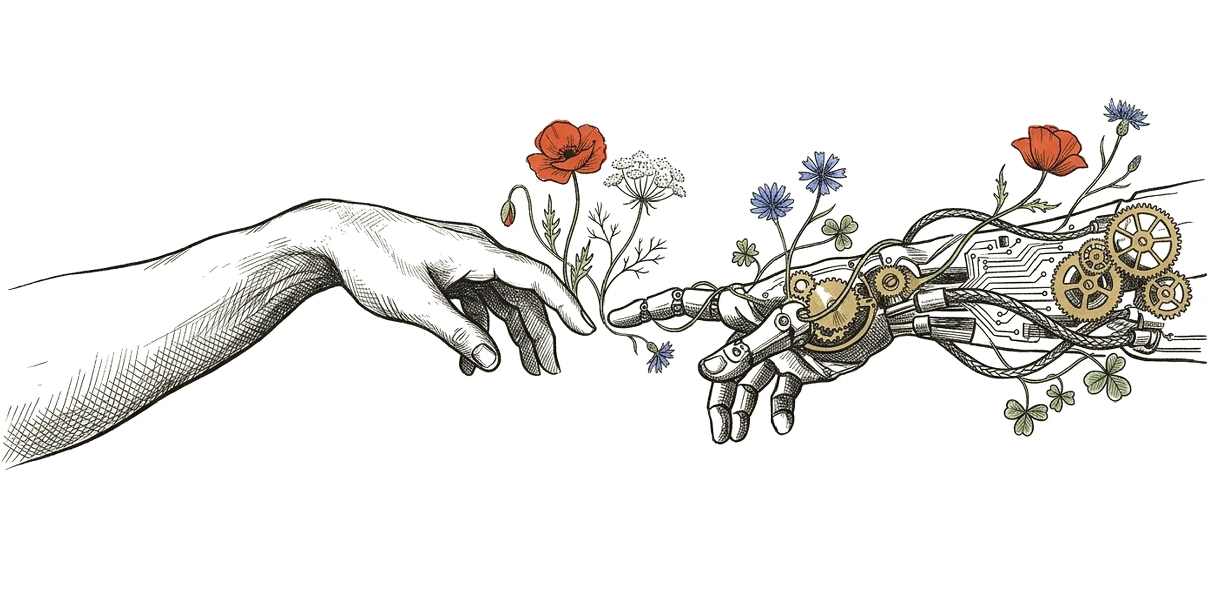Hand-drawn ink and risograph illustration of a human hand on the left and a mechanical hand of gears, circuit traces, and cables on the right almost touching, with red poppies, blue chicory, Queen Anne's lace, and clover growing from the gap.