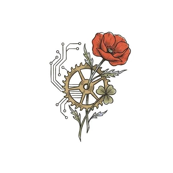 Small ink and risograph illustration of a wild red poppy and a three-leaf clover growing through a brass mechanical gear.